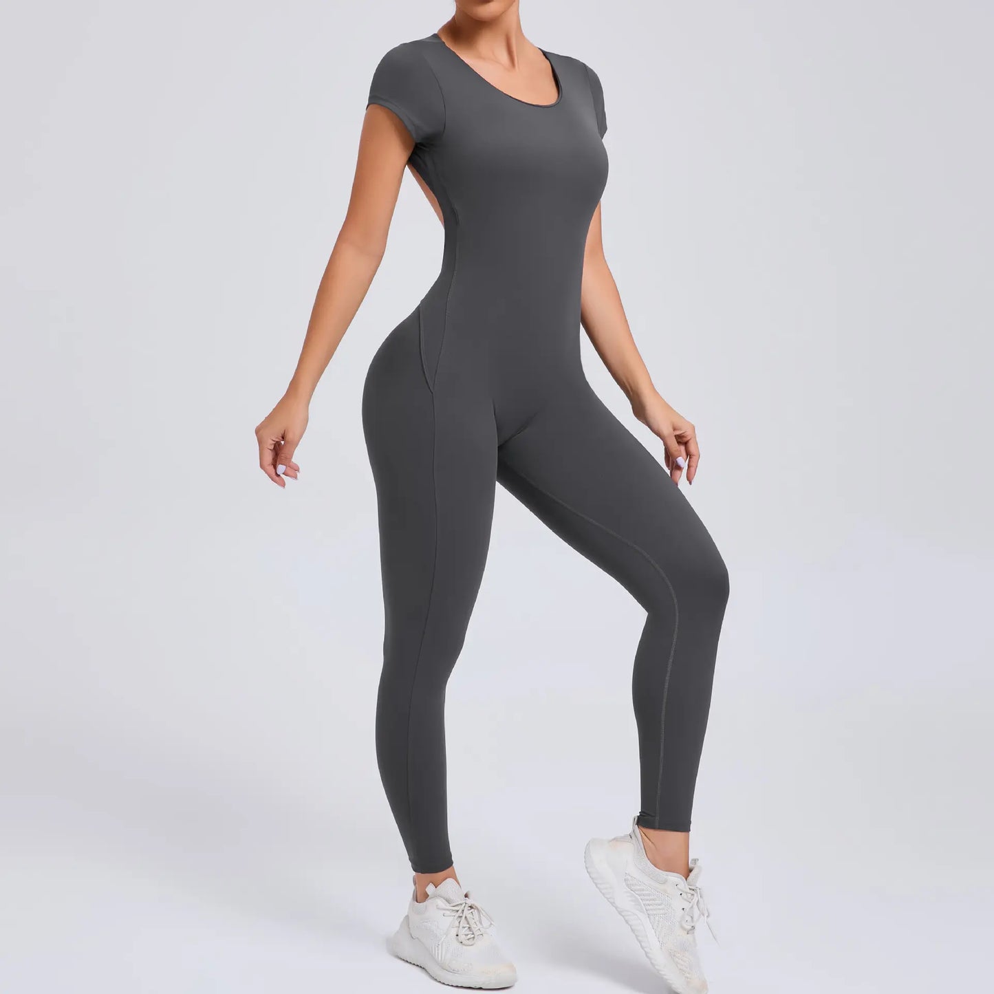 Women's Quick-Drying Backless Yoga Bodysuit with Short Sleeves - Hip Lifting Workout Apparel Set