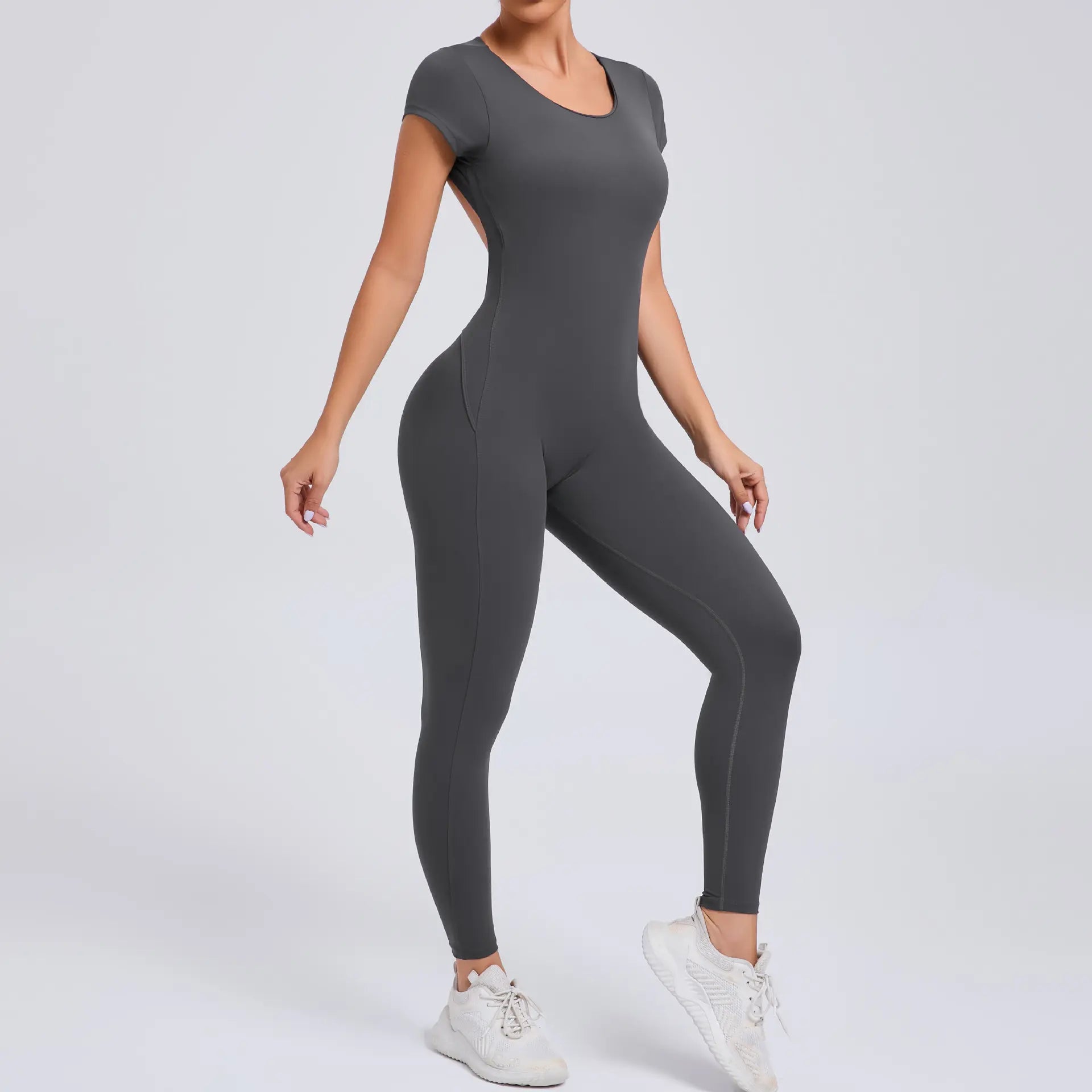 Women's Quick-Drying Backless Yoga Bodysuit with Short Sleeves - Hip Lifting Workout Apparel Set