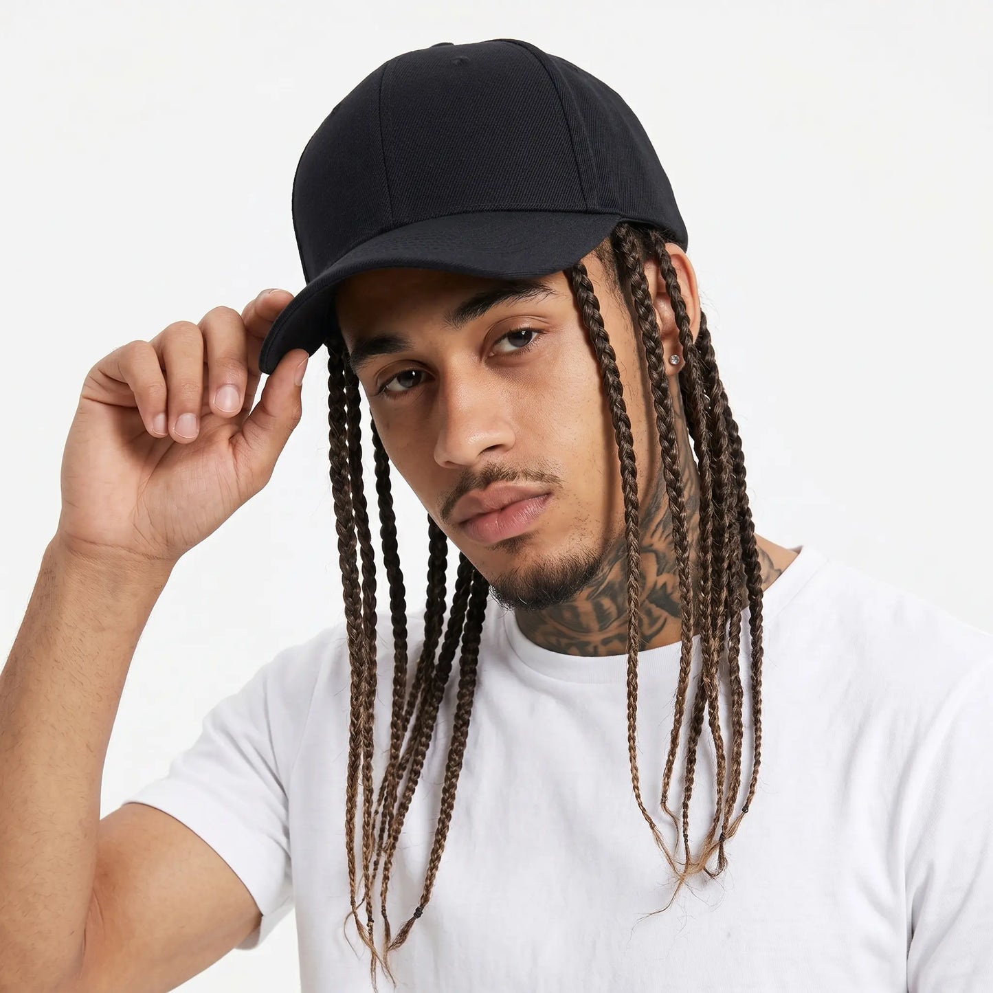 Unisex Hip-Hop Punk Wide-Brim Baseball Hat with Braided Dreadlock Wig, Adjustable Snapback, High-Temperature Fiber, 35.05Cm/44.96Cm Lengths, Black/Brown, Ideal for Motorcycle & Urban Fashion, Spring Autumn Sun Hat