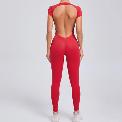 Women's Quick-Drying Backless Yoga Bodysuit with Short Sleeves - Hip Lifting Workout Apparel Set