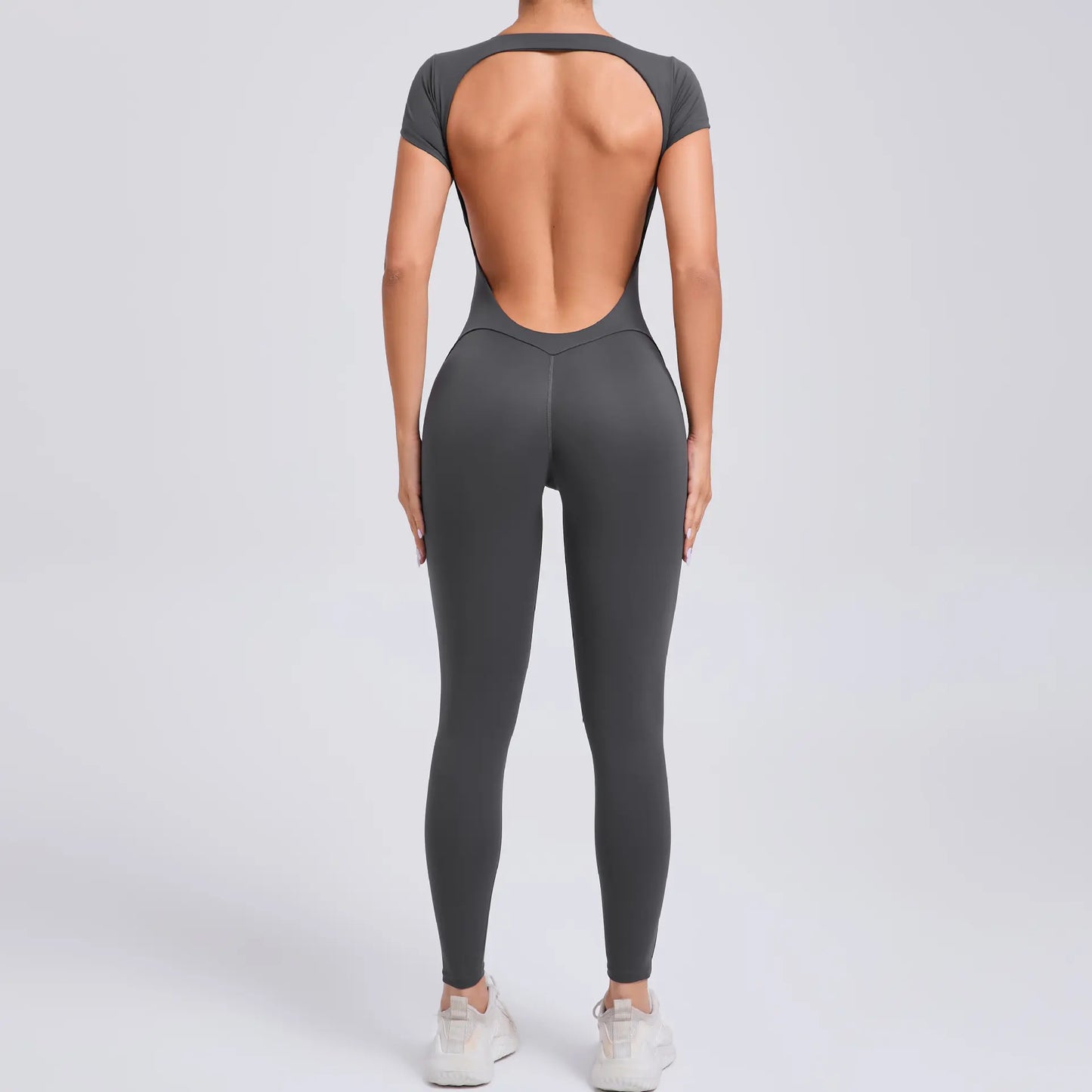 Women's Quick-Drying Backless Yoga Bodysuit with Short Sleeves - Hip Lifting Workout Apparel Set