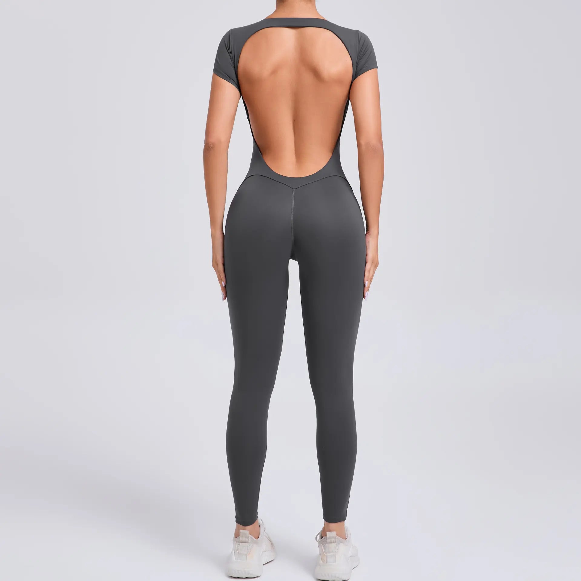 Women's Quick-Drying Backless Yoga Bodysuit with Short Sleeves - Hip Lifting Workout Apparel Set