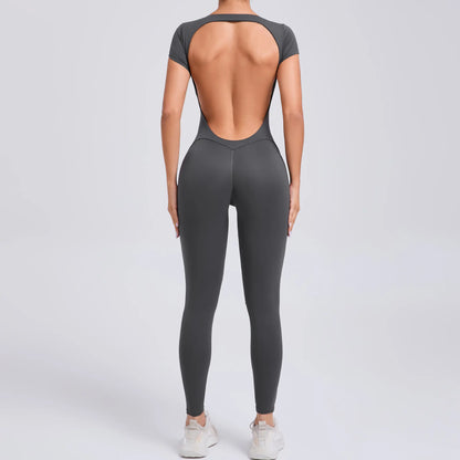 Women's Quick-Drying Backless Yoga Bodysuit with Short Sleeves - Hip Lifting Workout Apparel Set