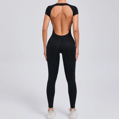 Women's Quick-Drying Backless Yoga Bodysuit with Short Sleeves - Hip Lifting Workout Apparel Set