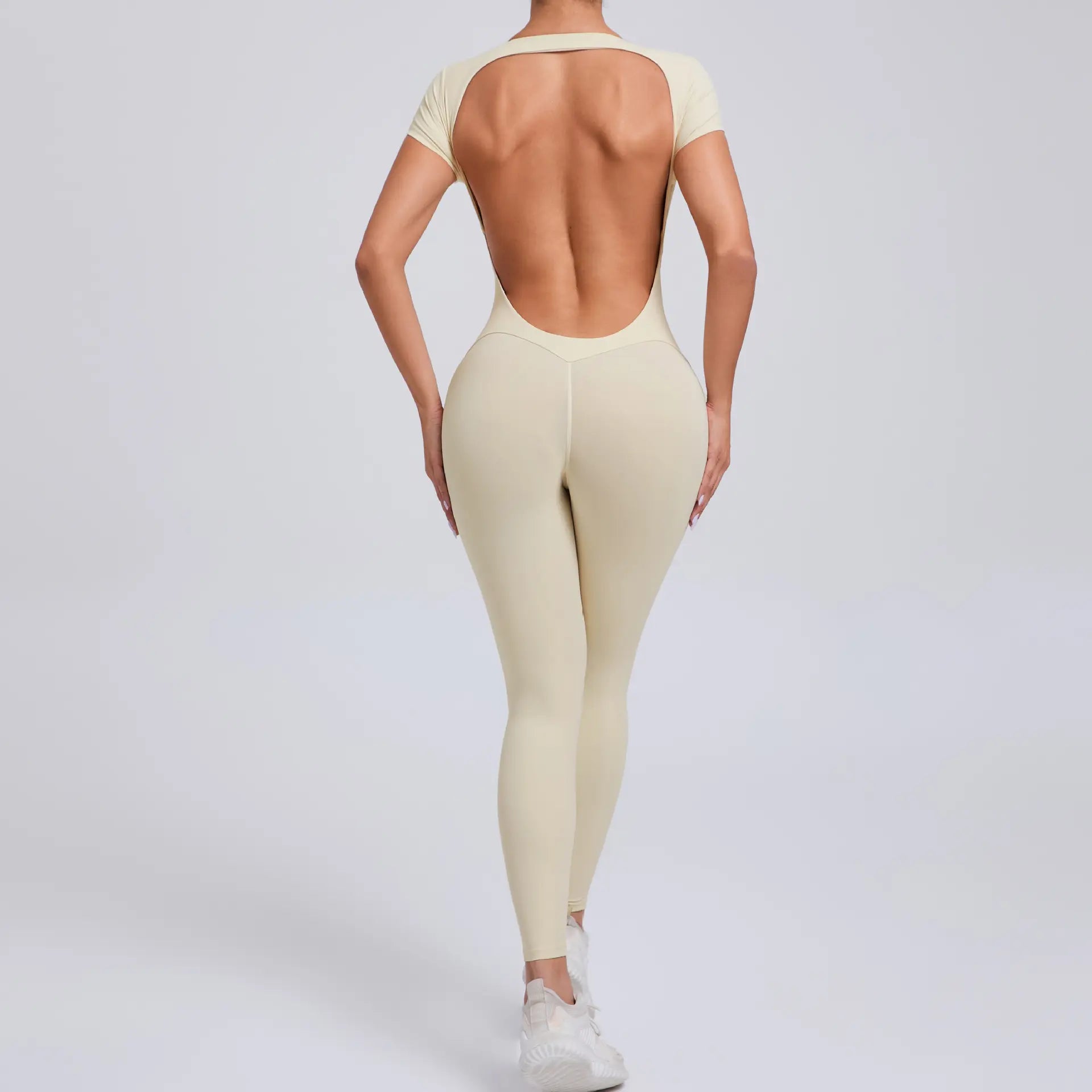 Women's Quick-Drying Backless Yoga Bodysuit with Short Sleeves - Hip Lifting Workout Apparel Set