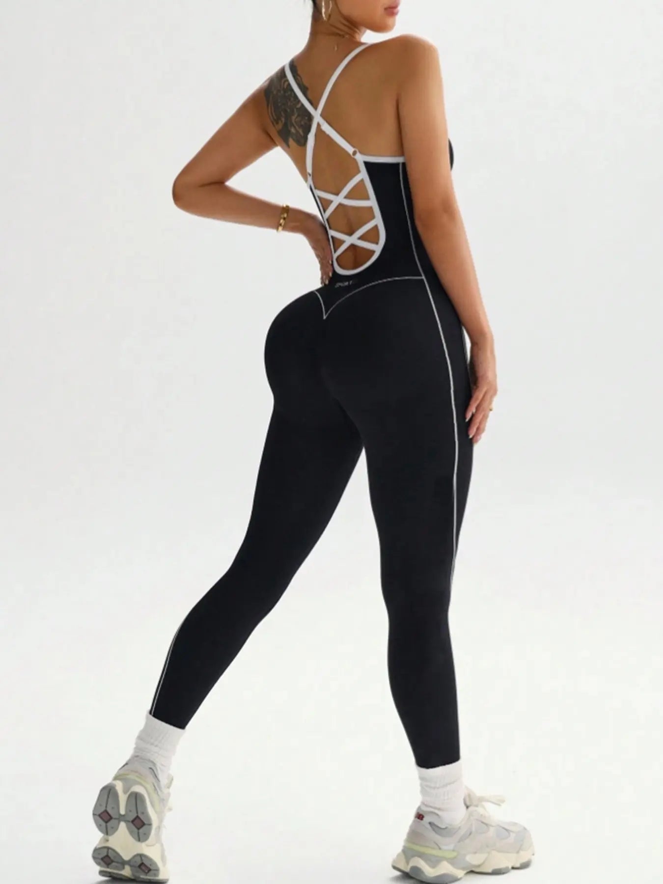 Women's Seamless High-Stretch Knit Halter Jumpsuit with Cross-Back Shoulder Straps, Perfect for Outdoor Cycling, Gym, Yoga, and Daily Wear