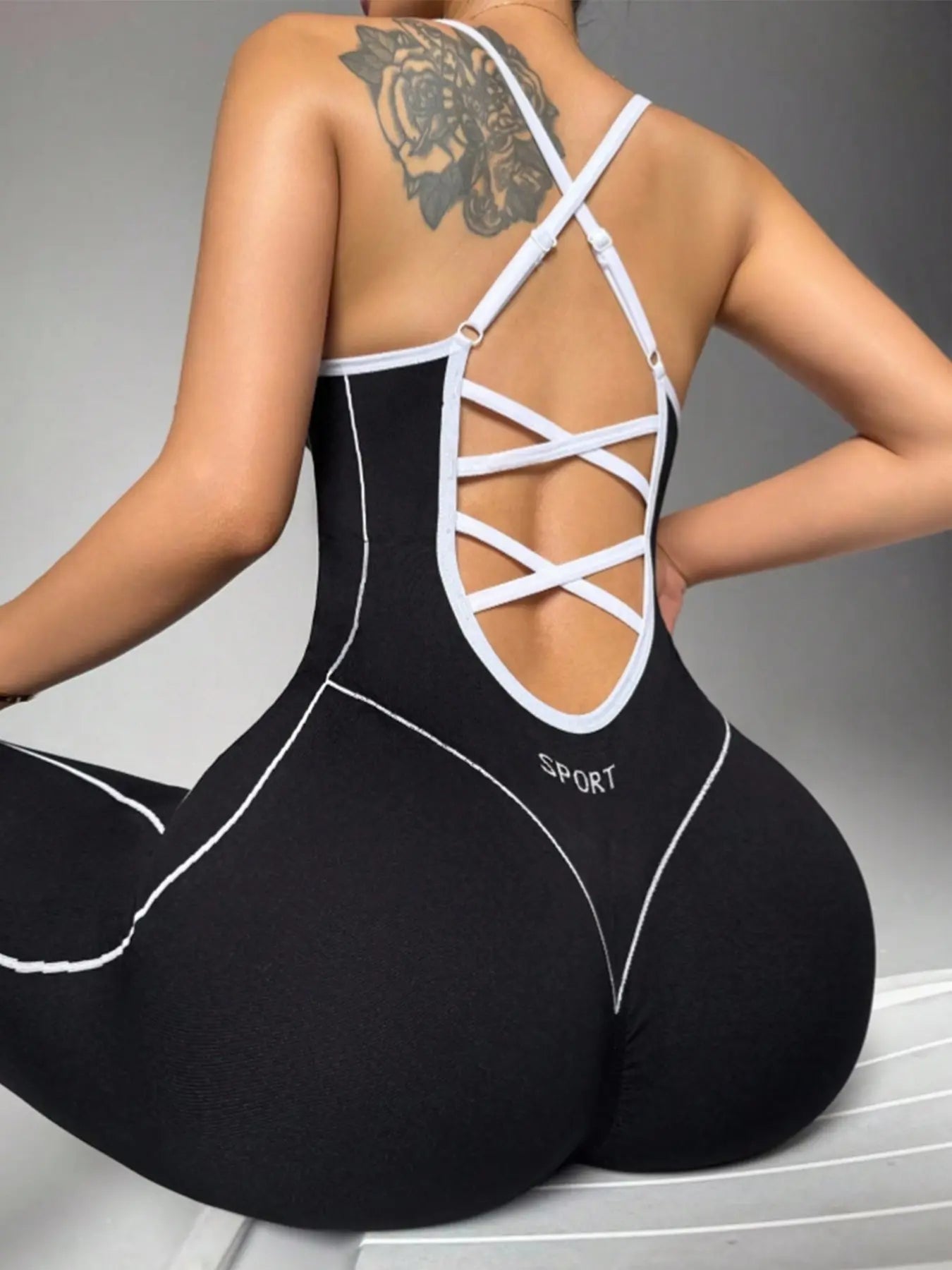 Women's Seamless High-Stretch Knit Halter Jumpsuit with Cross-Back Shoulder Straps, Perfect for Outdoor Cycling, Gym, Yoga, and Daily Wear