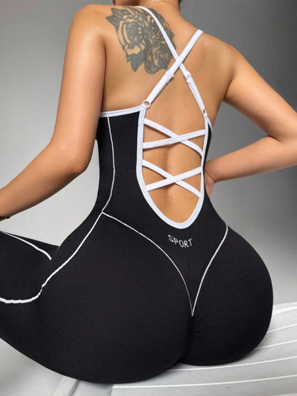 Women's Seamless High-Stretch Knit Halter Jumpsuit with Cross-Back Shoulder Straps, Perfect for Outdoor Cycling, Gym, Yoga, and Daily Wear