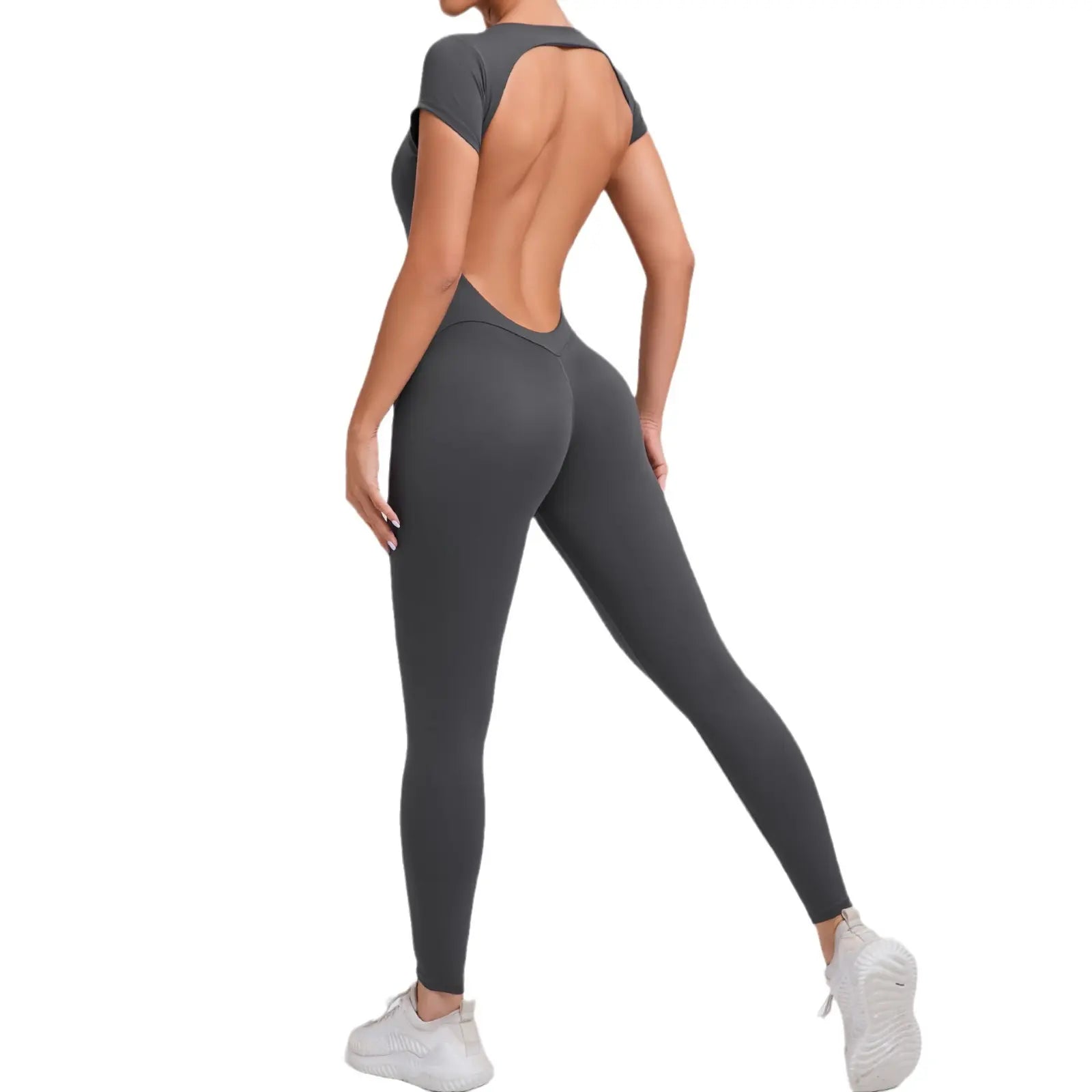 Women's Quick-Drying Backless Yoga Bodysuit with Short Sleeves - Hip Lifting Workout Apparel Set
