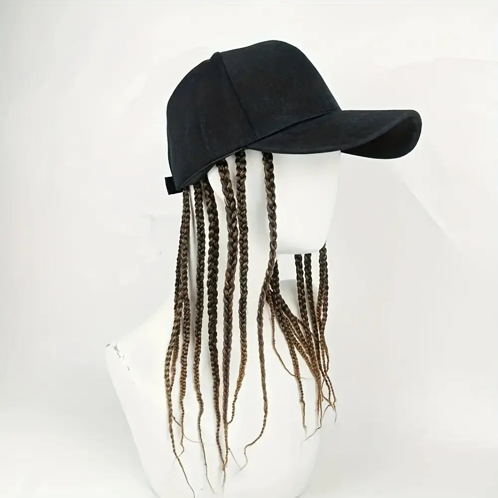 Unisex Hip-Hop Punk Wide-Brim Baseball Hat with Braided Dreadlock Wig, Adjustable Snapback, High-Temperature Fiber, 35.05Cm/44.96Cm Lengths, Black/Brown, Ideal for Motorcycle & Urban Fashion, Spring Autumn Sun Hat