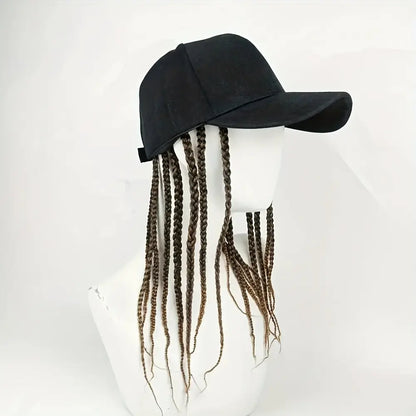 Unisex Hip-Hop Punk Wide-Brim Baseball Hat with Braided Dreadlock Wig, Adjustable Snapback, High-Temperature Fiber, 35.05Cm/44.96Cm Lengths, Black/Brown, Ideal for Motorcycle & Urban Fashion, Spring Autumn Sun Hat
