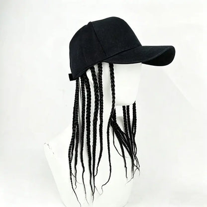 Unisex Hip-Hop Punk Wide-Brim Baseball Hat with Braided Dreadlock Wig, Adjustable Snapback, High-Temperature Fiber, 35.05Cm/44.96Cm Lengths, Black/Brown, Ideal for Motorcycle & Urban Fashion, Spring Autumn Sun Hat