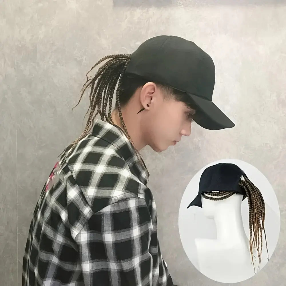 Unisex Hip-Hop Punk Wide-Brim Baseball Hat with Braided Dreadlock Wig, Adjustable Snapback, High-Temperature Fiber, 35.05Cm/44.96Cm Lengths, Black/Brown, Ideal for Motorcycle & Urban Fashion, Spring Autumn Sun Hat