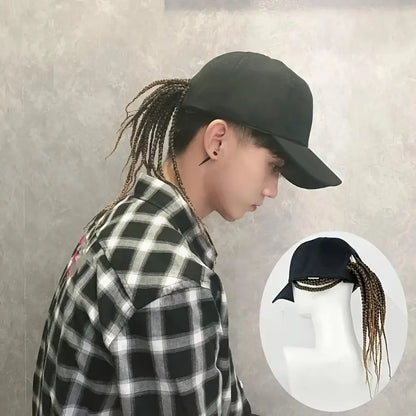 Unisex Hip-Hop Punk Wide-Brim Baseball Hat with Braided Dreadlock Wig, Adjustable Snapback, High-Temperature Fiber, 35.05Cm/44.96Cm Lengths, Black/Brown, Ideal for Motorcycle & Urban Fashion, Spring Autumn Sun Hat