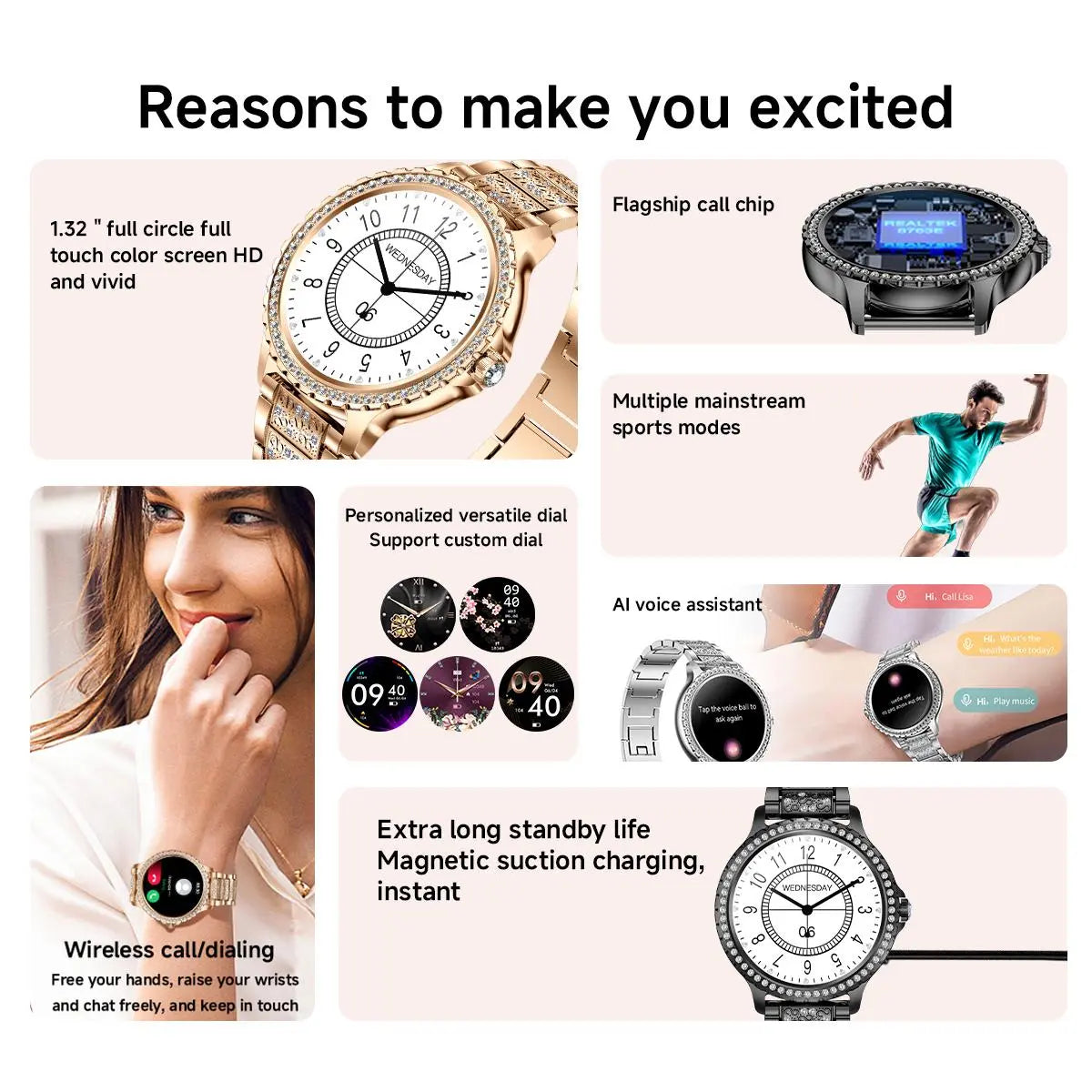 Women's Fashion Smart Watch with 1.32-Inch HD Display, Dual Straps, Waterproof Fitness Tracker, Compatible with Android and iOS