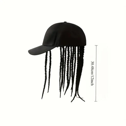 Unisex Hip-Hop Punk Wide-Brim Baseball Hat with Braided Dreadlock Wig, Adjustable Snapback, High-Temperature Fiber, 35.05Cm/44.96Cm Lengths, Black/Brown, Ideal for Motorcycle & Urban Fashion, Spring Autumn Sun Hat