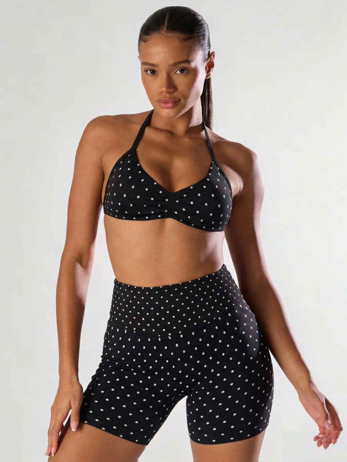 Women's Polka Dot Print Sports Set - High Waist Butt Lifting Tank Top and Above-the-Knee Shorts for Yoga, Fitness, and Athleisure Wear