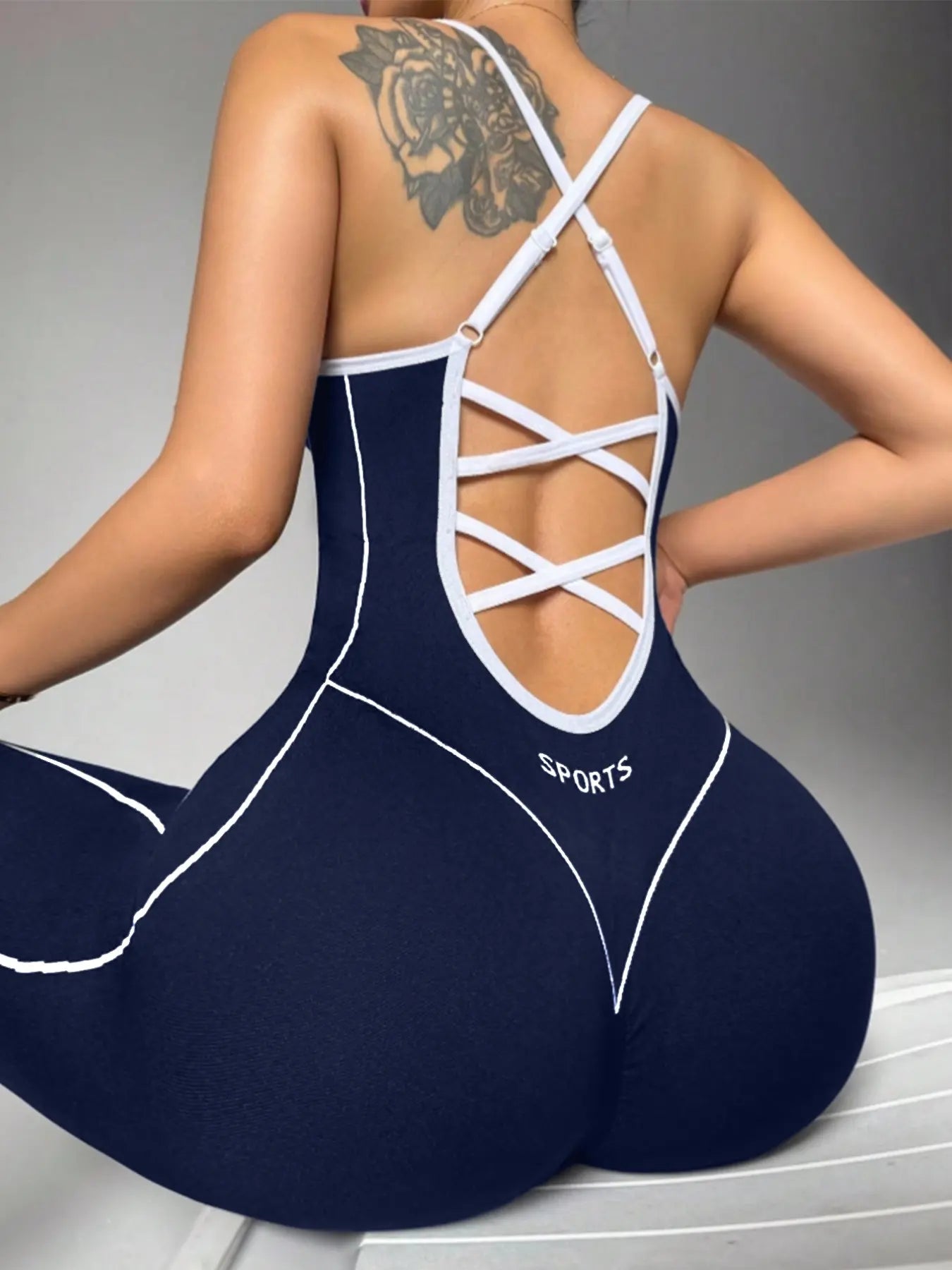 Women's Seamless High-Stretch Knit Halter Jumpsuit with Cross-Back Shoulder Straps, Perfect for Outdoor Cycling, Gym, Yoga, and Daily Wear