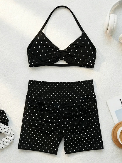 Women's Polka Dot Print Sports Set - High Waist Butt Lifting Tank Top and Above-the-Knee Shorts for Yoga, Fitness, and Athleisure Wear