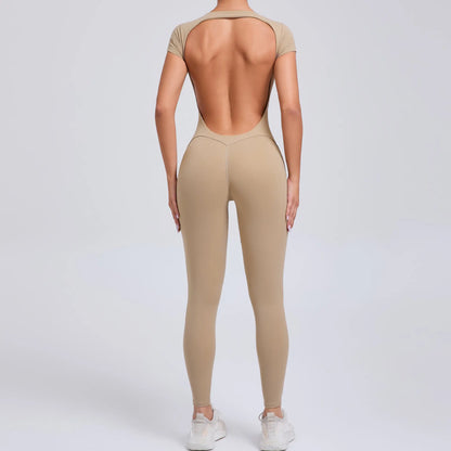 Women's Quick-Drying Backless Yoga Bodysuit with Short Sleeves - Hip Lifting Workout Apparel Set