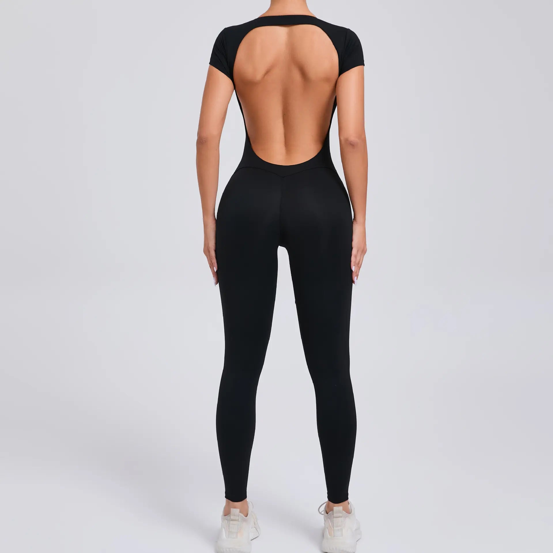 Women's Quick-Drying Backless Yoga Bodysuit with Short Sleeves - Hip Lifting Workout Apparel Set