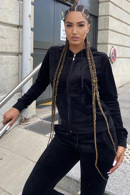 Women's Velour Hooded Two-Piece Tracksuit with Drawstring Pants and Pockets in Black, Size S