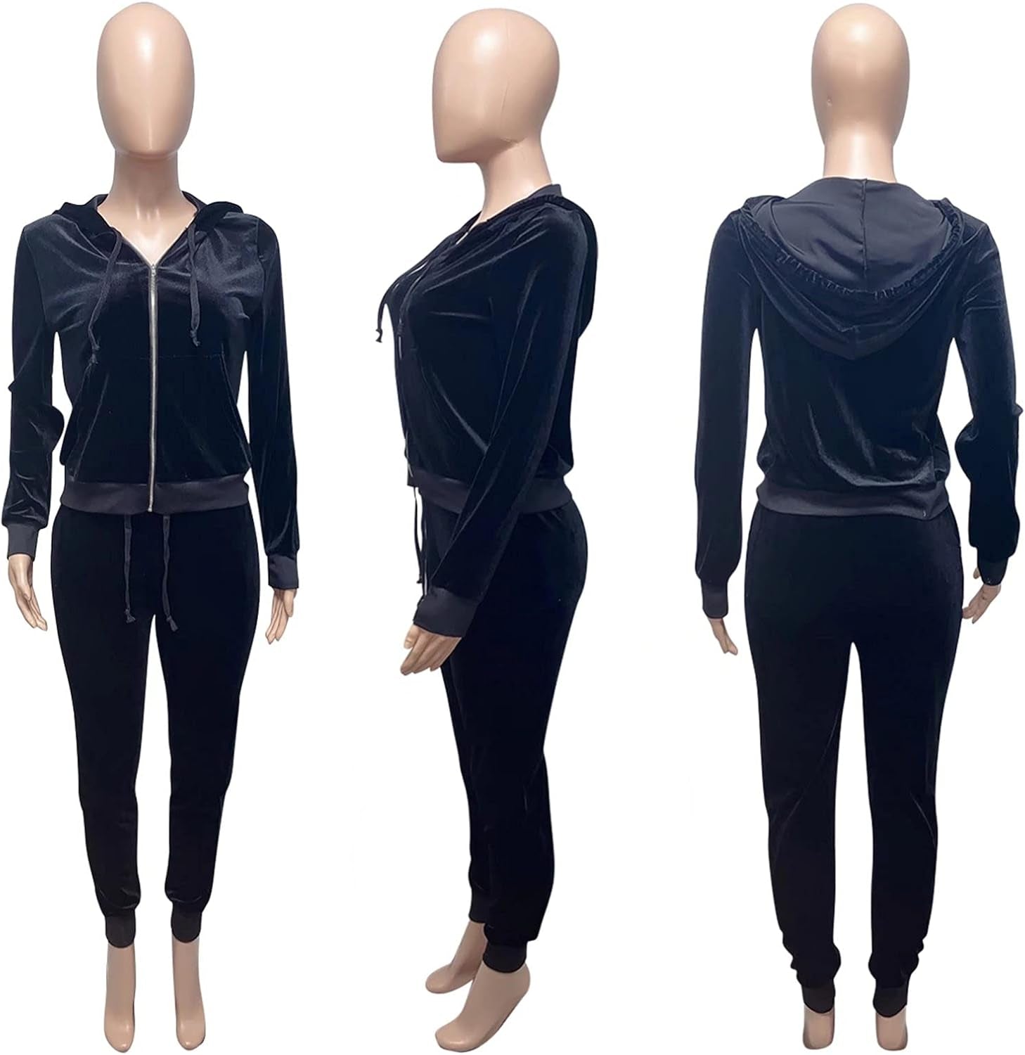 Women's Velour Hooded Two-Piece Tracksuit with Drawstring Pants and Pockets in Black, Size S