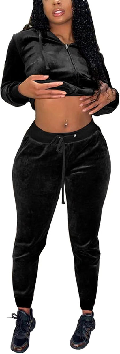 Women's Velour Hooded Two-Piece Tracksuit with Drawstring Pants and Pockets in Black, Size S