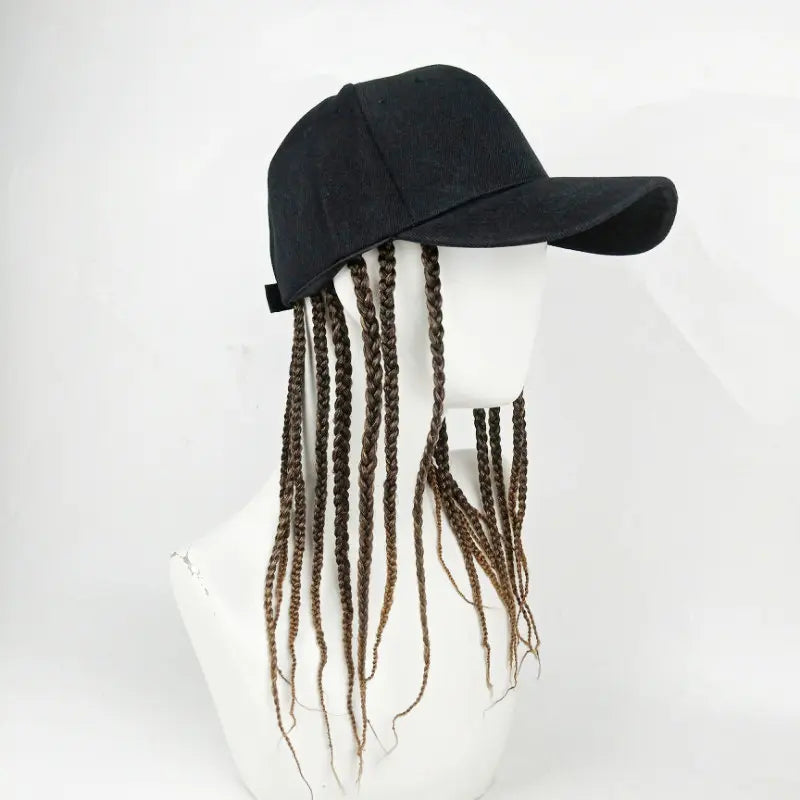 Unisex Hip-Hop Punk Wide-Brim Baseball Hat with Braided Dreadlock Wig, Adjustable Snapback, High-Temperature Fiber, 35.05Cm/44.96Cm Lengths, Black/Brown, Ideal for Motorcycle & Urban Fashion, Spring Autumn Sun Hat