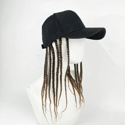 Unisex Hip-Hop Punk Wide-Brim Baseball Hat with Braided Dreadlock Wig, Adjustable Snapback, High-Temperature Fiber, 35.05Cm/44.96Cm Lengths, Black/Brown, Ideal for Motorcycle & Urban Fashion, Spring Autumn Sun Hat