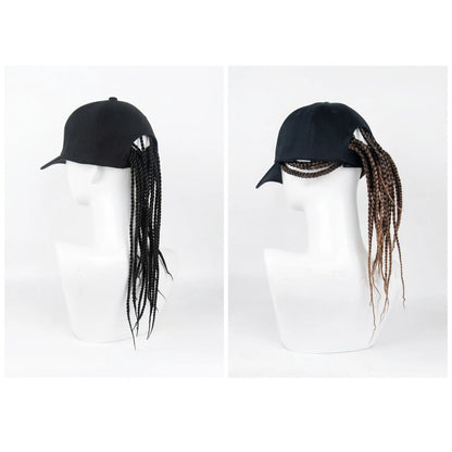 Unisex Hip-Hop Punk Wide-Brim Baseball Hat with Braided Dreadlock Wig, Adjustable Snapback, High-Temperature Fiber, 35.05Cm/44.96Cm Lengths, Black/Brown, Ideal for Motorcycle & Urban Fashion, Spring Autumn Sun Hat