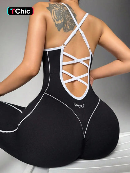 Women's Seamless High-Stretch Knit Halter Jumpsuit with Cross-Back Shoulder Straps, Perfect for Outdoor Cycling, Gym, Yoga, and Daily Wear