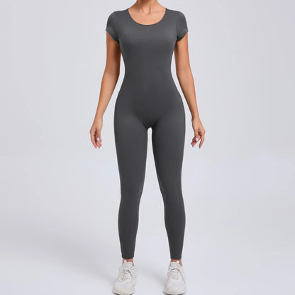 Women's Quick-Drying Backless Yoga Bodysuit with Short Sleeves - Hip Lifting Workout Apparel Set