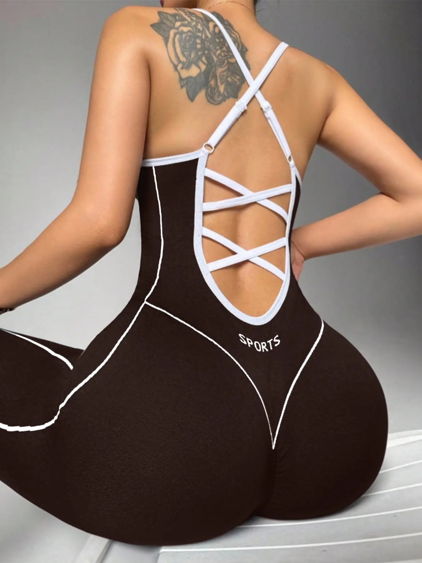 Women's Seamless High-Stretch Knit Halter Jumpsuit with Cross-Back Shoulder Straps, Perfect for Outdoor Cycling, Gym, Yoga, and Daily Wear