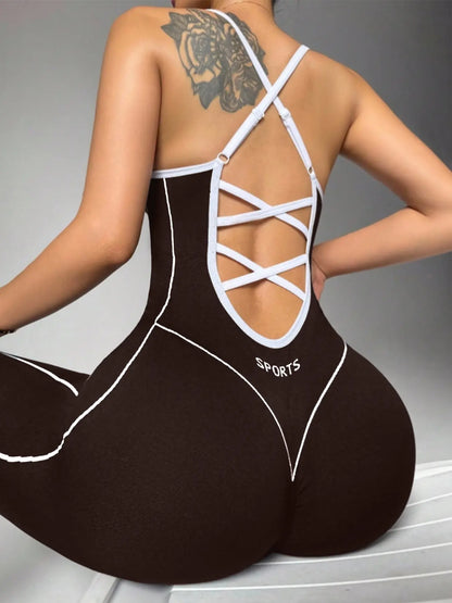 Women's Seamless High-Stretch Knit Halter Jumpsuit with Cross-Back Shoulder Straps, Perfect for Outdoor Cycling, Gym, Yoga, and Daily Wear