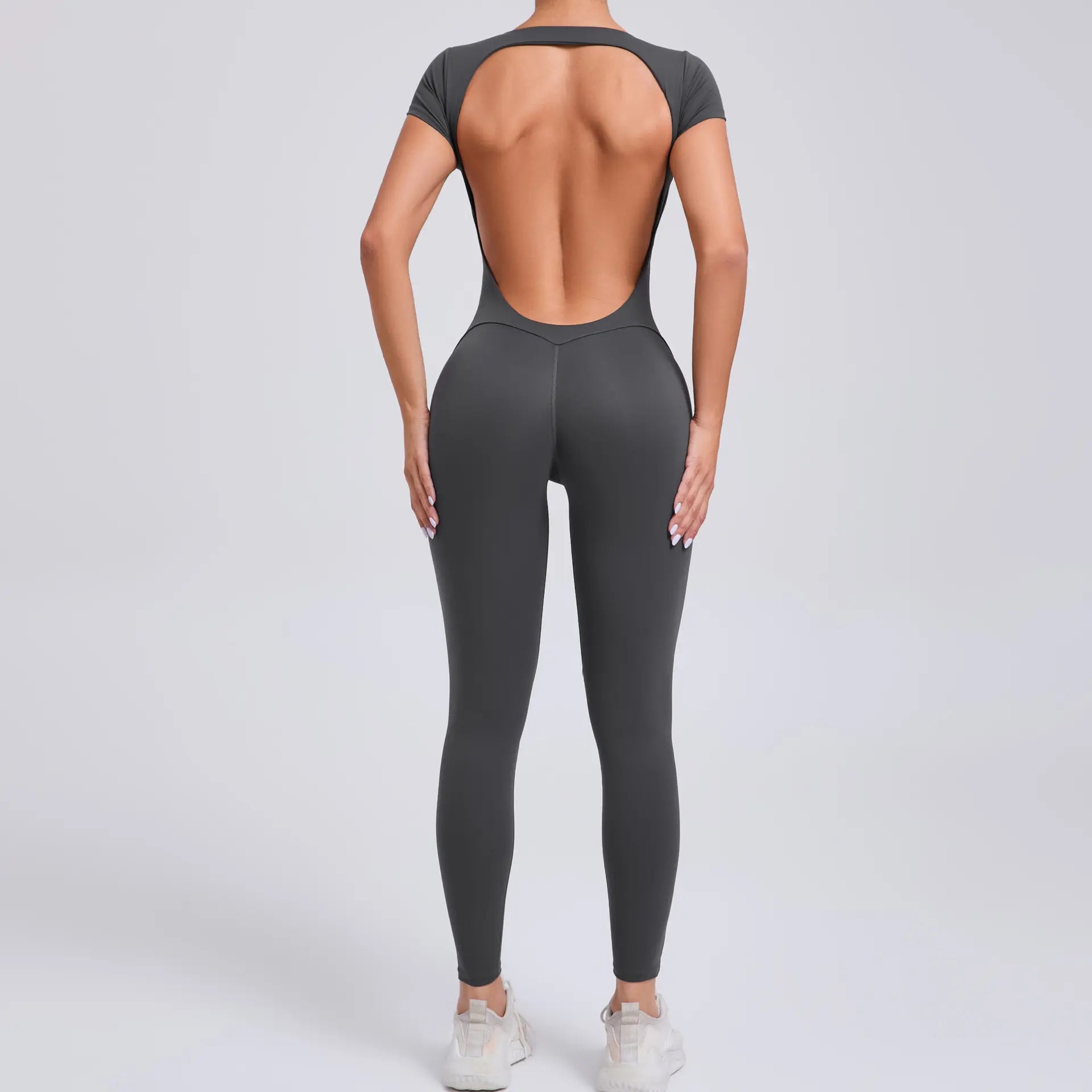 Women's Quick-Drying Backless Yoga Bodysuit with Short Sleeves - Hip Lifting Workout Apparel Set